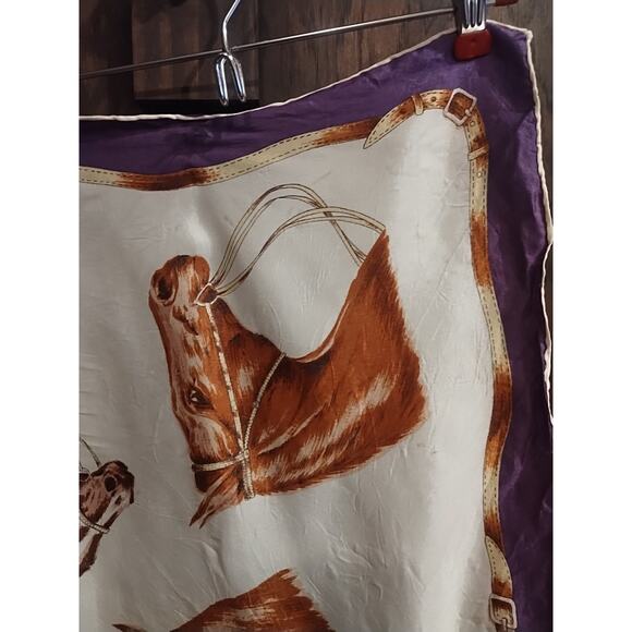 Vintage Silk Horse Scarf Horse's prints equestrian purple brown purple square - Picture 6 of 10